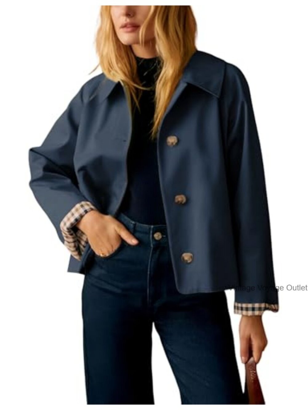Oversize Trench Coat Plaid Lining Lapel Button Down Casual Crop Jacket